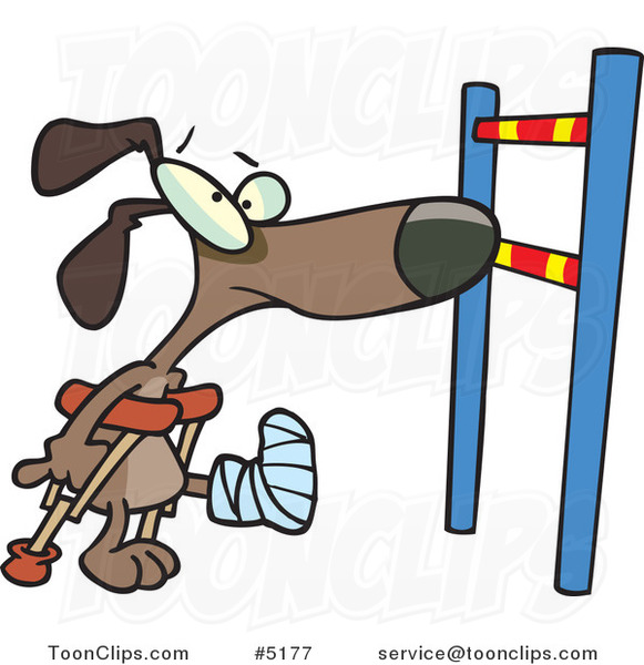 Cartoon Dog with a Broken Leg, Approaching a Hurdle