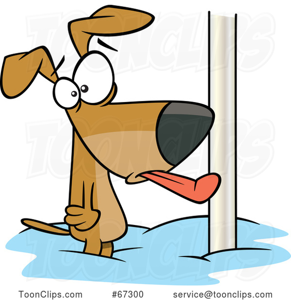 Cartoon Dog with His Tongue Stuck Frozen to a Pole
