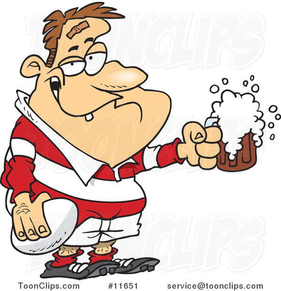 Cartoon Drunk Rugby Player Holding a Ball and Frothy Beer