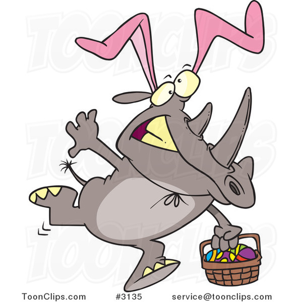 Cartoon Easter Rhino Wearing Bunny Ears and Carrying a Basket