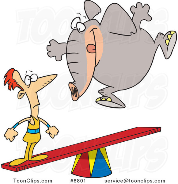 Cartoon Elephant Jumping on a See Saw to Make a Stunt Guy Fly