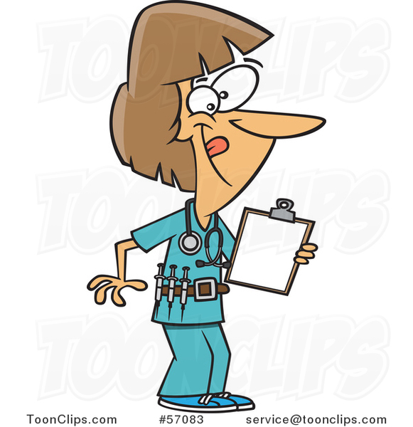 Cartoon Energetic White Female Nurse Holding a Medical Chart on a Clipboard and Wearing a Vaccine Belt