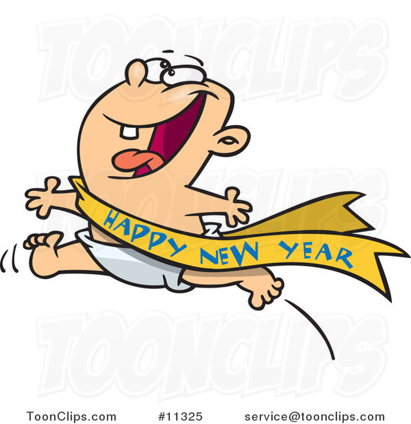 Cartoon Excited Baby Running with a Happy New Year Sash