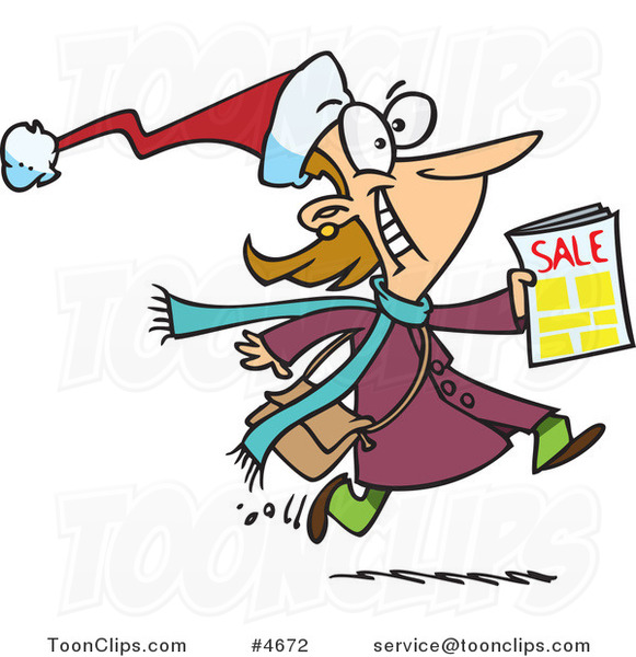 Cartoon Excited Black Friday Shopper Running with a Sale Ad