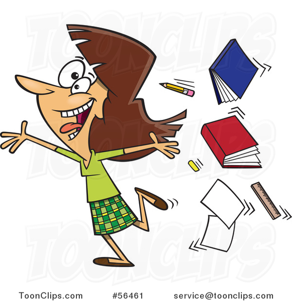 Cartoon Excited Brunette White Female Teacher Running Gleefully and Throwing up Books