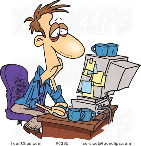Cartoon Exhausted Guy Working on a Computer #6395 by Ron Leishman