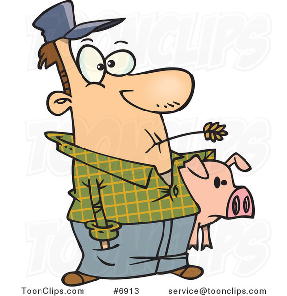 Cartoon Farmer Holding His Pig
