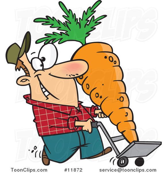 Cartoon Farmer with a Big Carrot on a Dolly