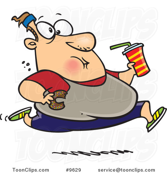 Cartoon Fat Guy Running and Eating Junk Food