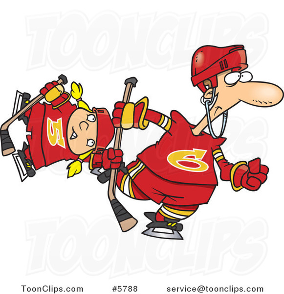 Cartoon Father and Daughter Playing Hockey