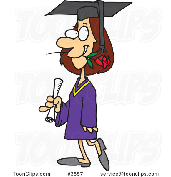 Cartoon Female College Graduate with a Rose in Her Mouth