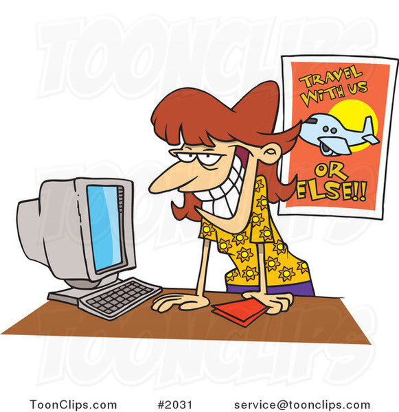 Cartoon Female Travel Agent Grinning and Leaning over Her Desk #2031 by Ron  Leishman