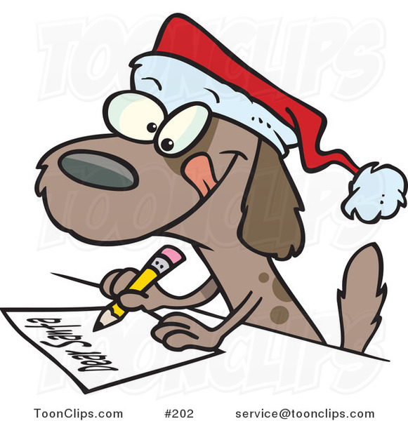 Cartoon Festive Brown Puppy Dog Wearing a Santa Hat and Writing a Dear Santa Letter with His Christmas Wishes