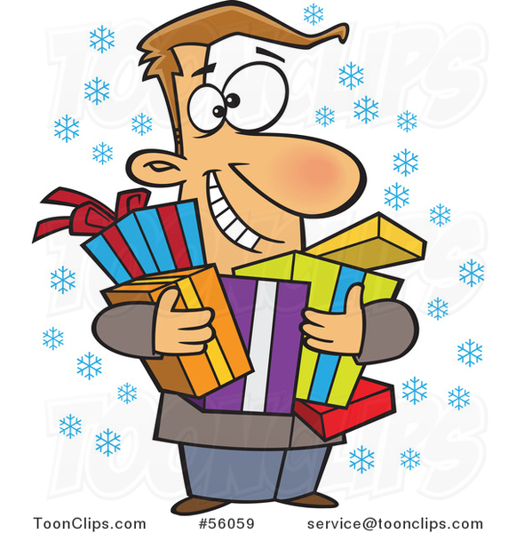 Cartoon Festive White Guy Holding Christmas Gifts