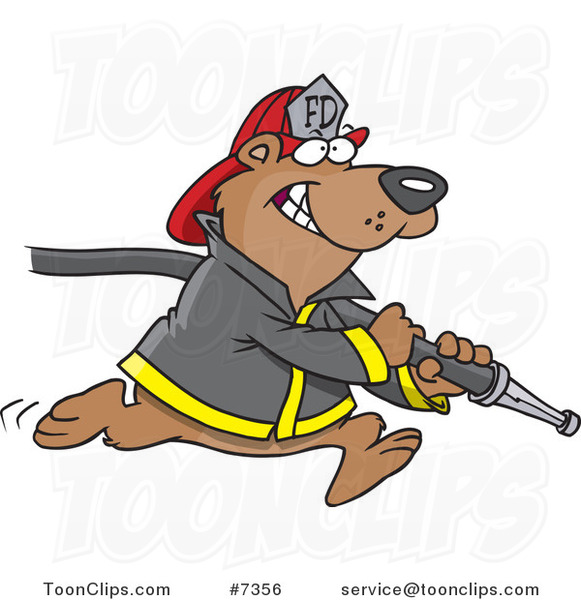 Cartoon Fire Fighter Bear Carrying a Hose