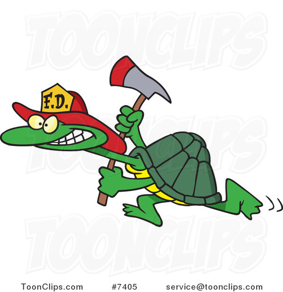 Cartoon Fire Fighter Tortoise Carrying an Axe