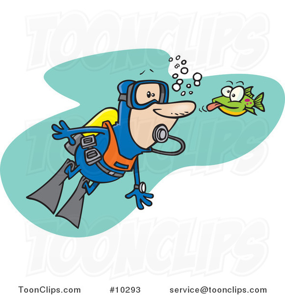 Cartoon Fish Sticking His Tongue out at a Scuba Diver