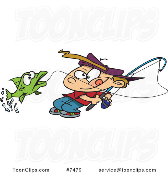 Cartoon Fishing Boy Reeling in a Fish