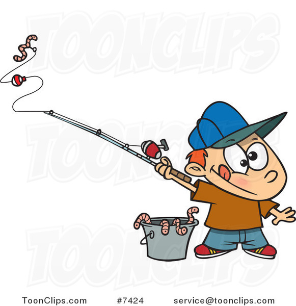 Cartoon Fishing Boy with a Bucket of Worms