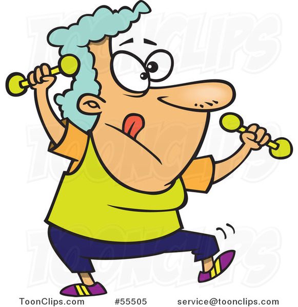 Cartoon Fit Granny Doing Zumba with Dumbbells