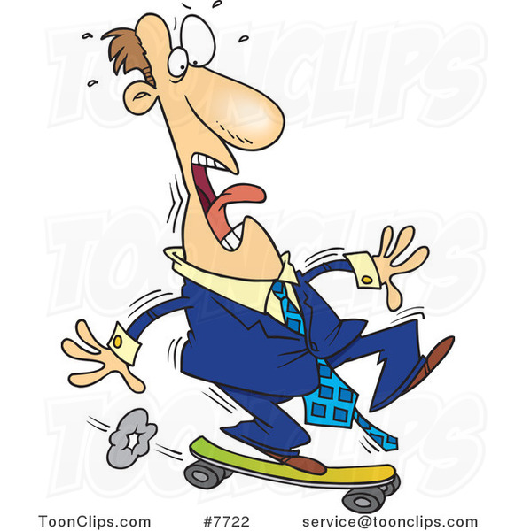 Cartoon Foolish Business Man Riding a Skateboard