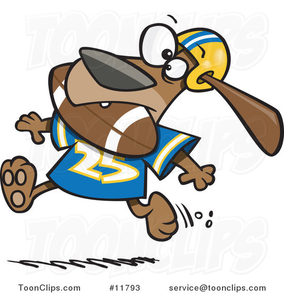 Cartoon Football Dog Character Running with the Ball in His Mouth