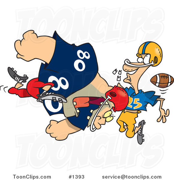 Cartoon Football Player Tackling Another and Knocking out His Teeth