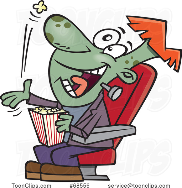 Cartoon Frankenstein Boy Popping Popcorn in His Mouth at the Movies