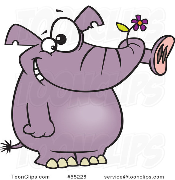 Cartoon Giddy Purple Elephant Holding a Flower in His Trunk