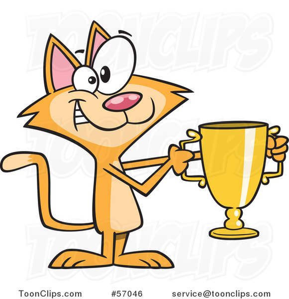 Cartoon Ginger Cat Champion Holding a Gold Trophy