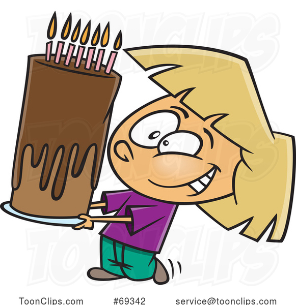 Cartoon Girl Carrying a Tall Birthday Cake