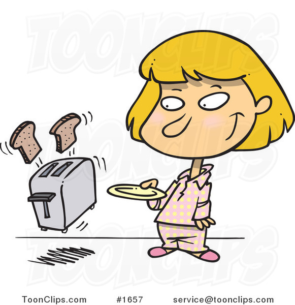 Cartoon Girl Holding a Plate for Her Toast Popping out of a Toaster