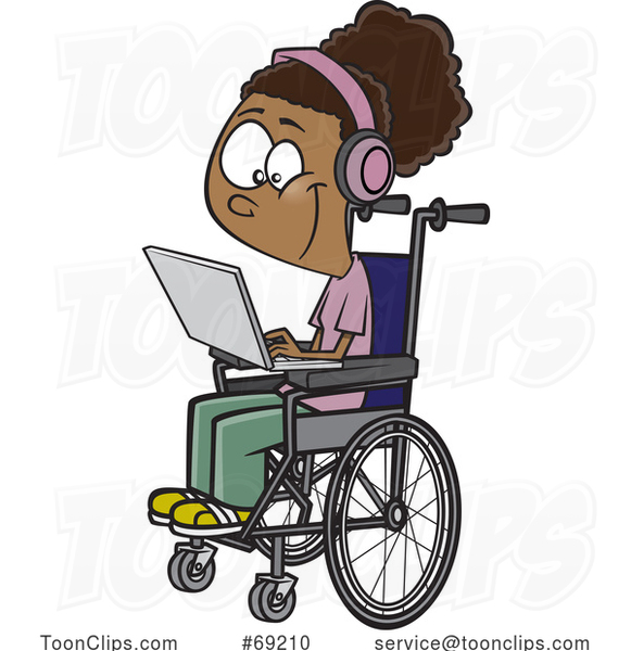 Cartoon Girl in a Wheelchair Using a Laptop Computer for Distance Learning