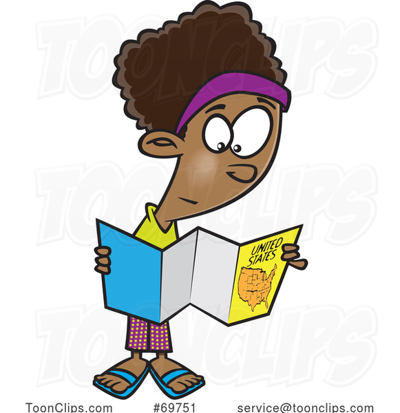 Cartoon Girl Reading a Map of the United States