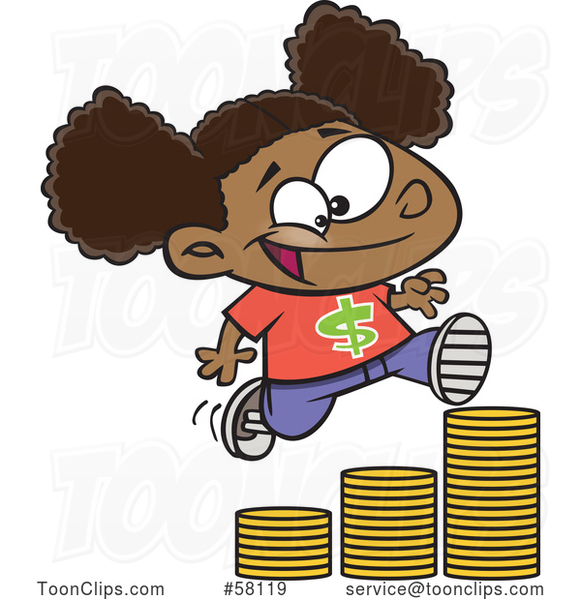 Cartoon Girl Running up a Stack of Coins