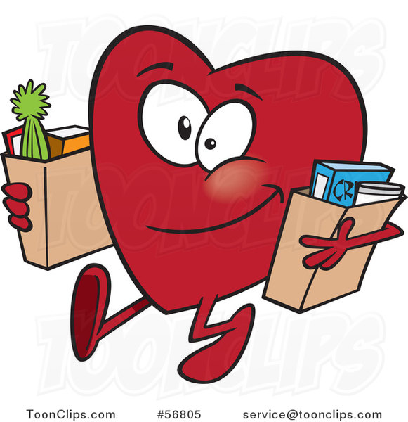 Cartoon Giving Heart Character Carrying Bags of Groceries to Donate