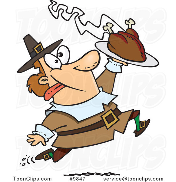Cartoon Goofy Pilgrim Carrying a Hot Turkey