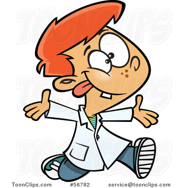 Cartoon Goofy Red Haired White School Boy Running Around in a Lab Coat