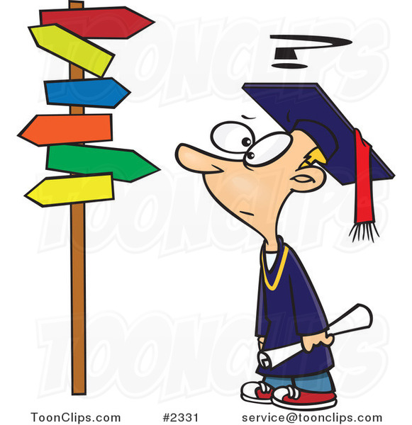 Cartoon Graduate Boy Staring at Many Signs