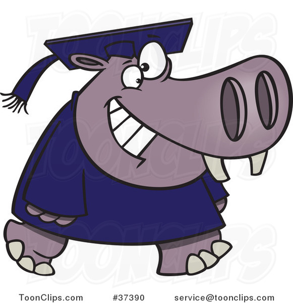 Cartoon Graduate Hippo Walking and Smiling