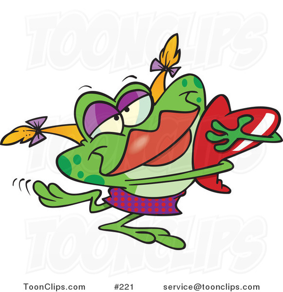 Cartoon Green Female Frog with Blond Hair and Red Lips, Hugging a Red Heart