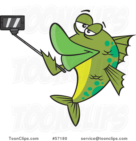 Cartoon Green Fish Taking a Portrait with a Selfie Stick