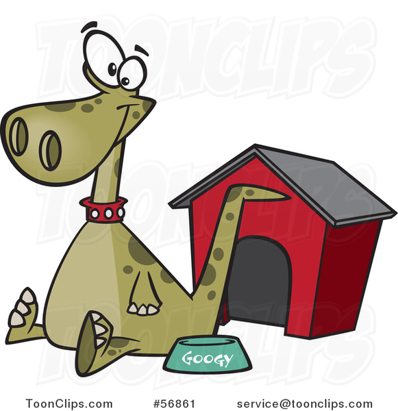 Cartoon Green Pet Dinosaur Sitting by a Food Bowl and House #56861 by Ron  Leishman