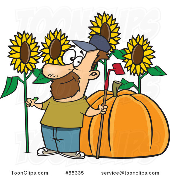 Cartoon Green Thumb Farmer with Sunflowers and a Giant Pumpkin