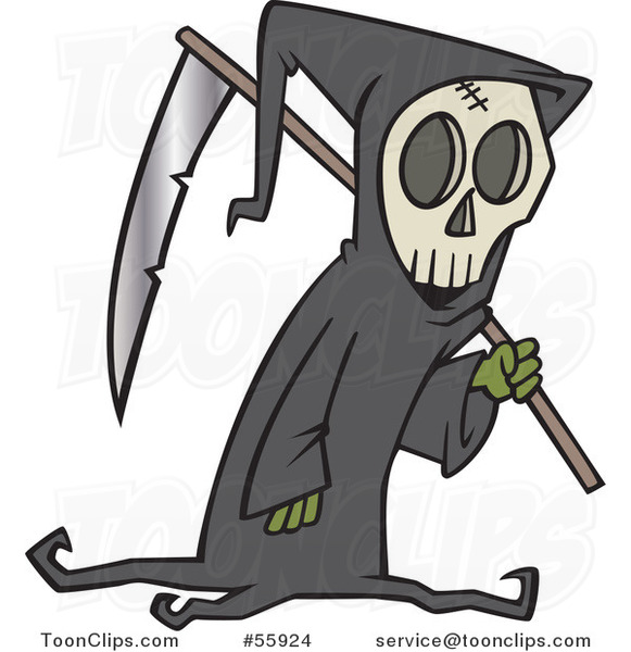 Cartoon Grim Reaper Carrying a Scythe over His Shoulder