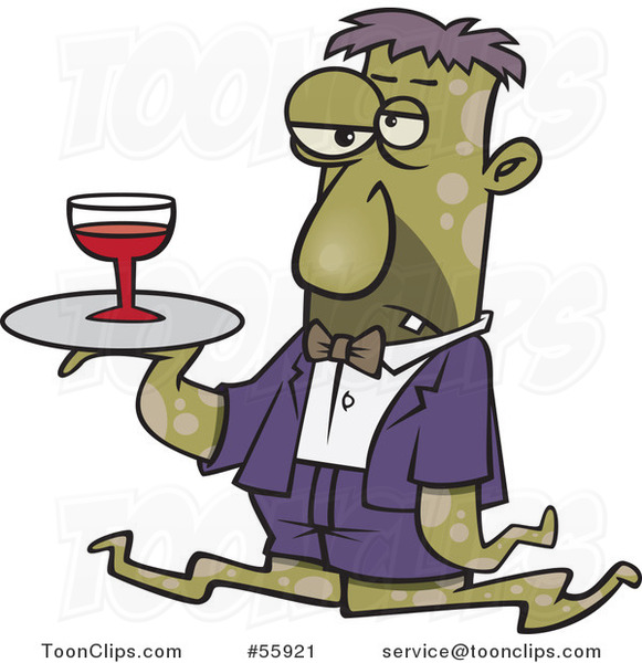 Cartoon Gross Tentacled Monster Waiter with Wine on a Tray