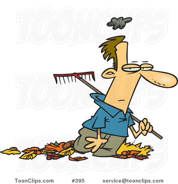 Cartoon Grumpy Guy Raking Autumn Leaves