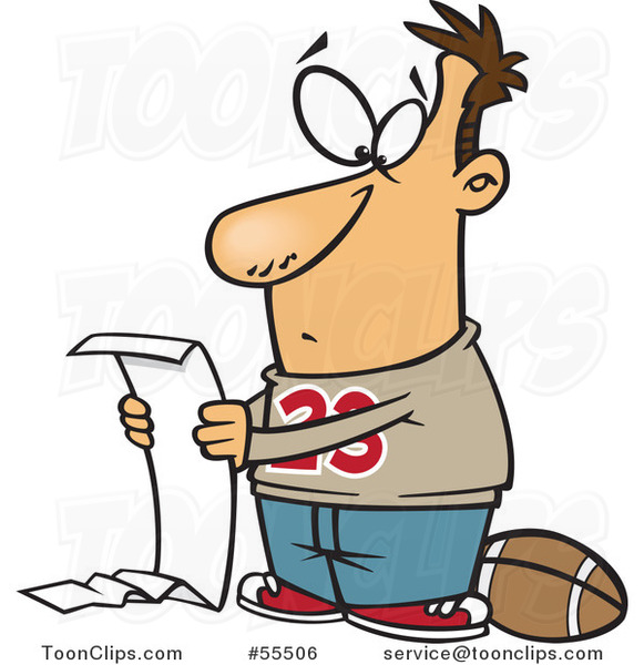 Cartoon Guy Going over a Long Honey Do List but Wanting to Play Football