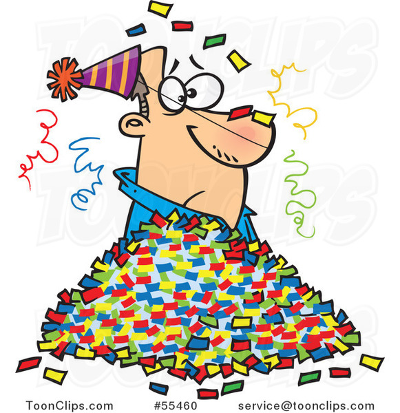 Cartoon Guy in a Pile of Party Confetti