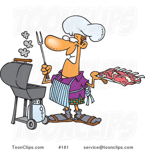 Cartoon Guy Preparing to Barbeque Ribs on a Gas Grill